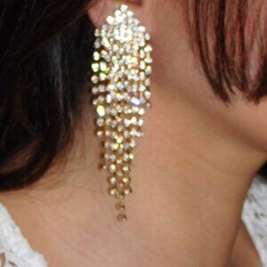 Gold Rhinestone Crystal Earrings Bridal / Party Chandelier Clip Earrings